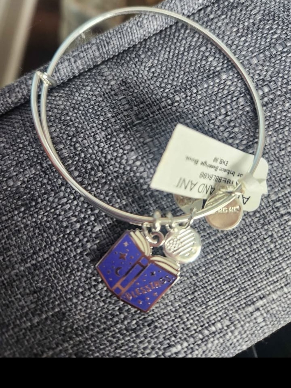 Alex and Ani Silver Bangle with Blue Enamel Book Charm-Blessings